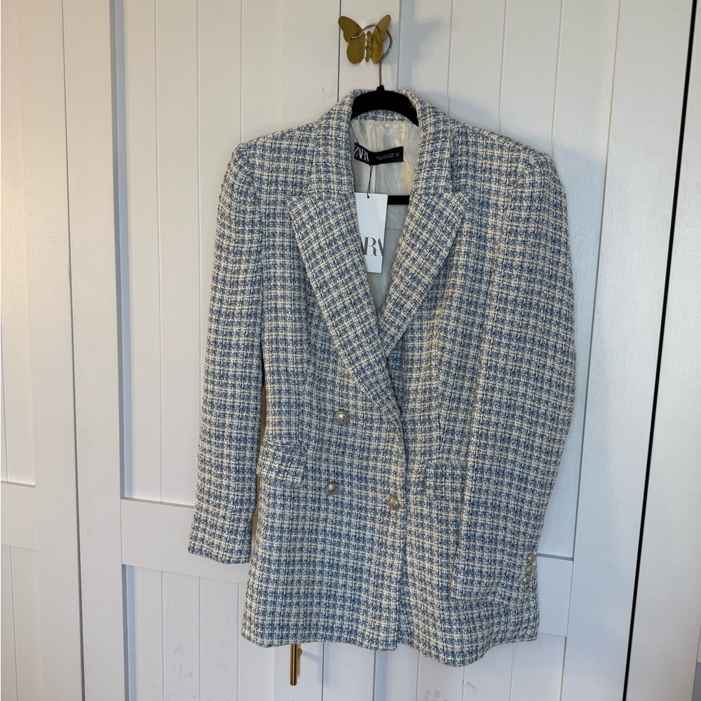 Net Zara Gray blue plaid Tweed Double-Breasted Blazer